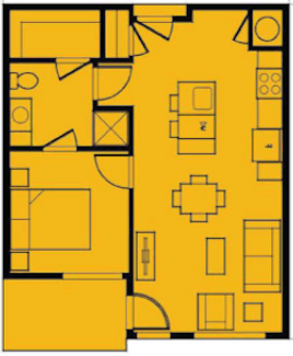 Floor plan for 1 bed, 1 bath, 620 sqft